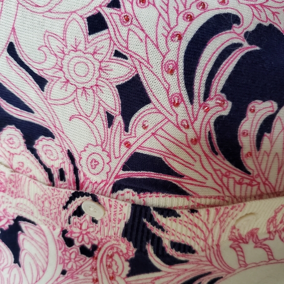 Classic Paisley Pink And Navy Cardigan With Fine Beaded Detail Throughout - Picture 2 of 6